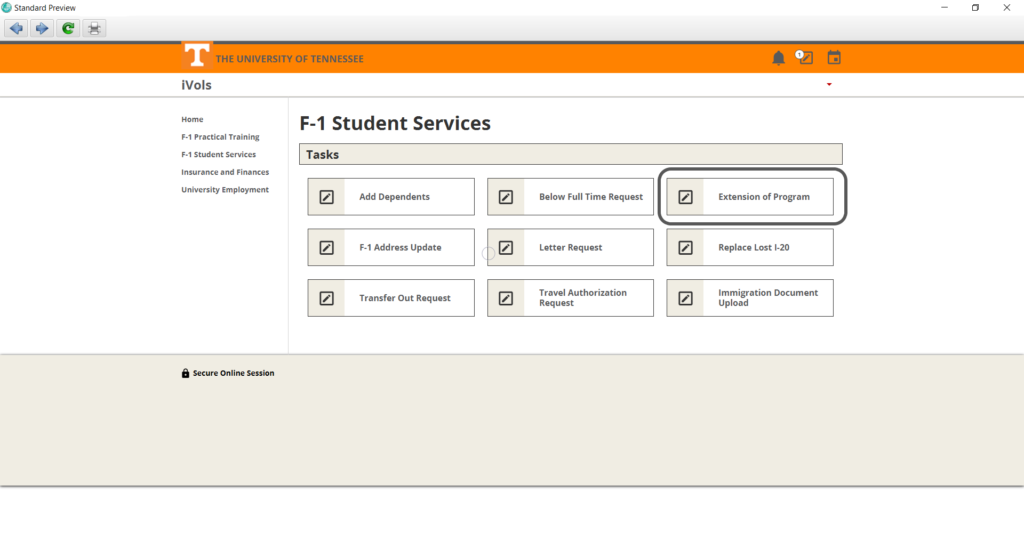 Screenshot of iVols portal with the Extension of Program request outlined